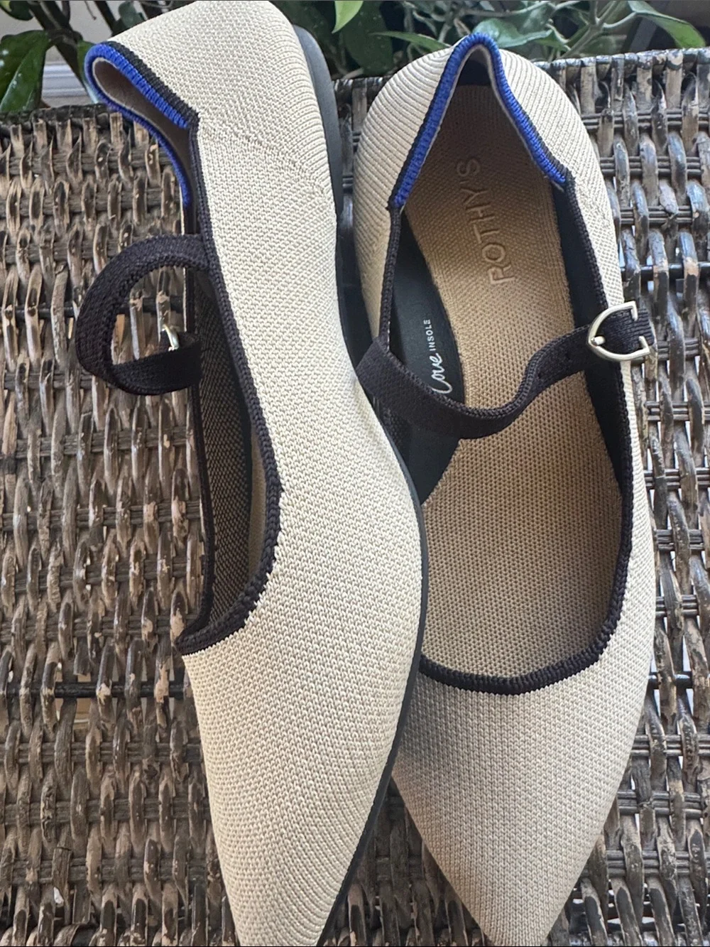 Rothy's Pointed Mary Jane Flats in Cream with Black Trim and Blue Accent